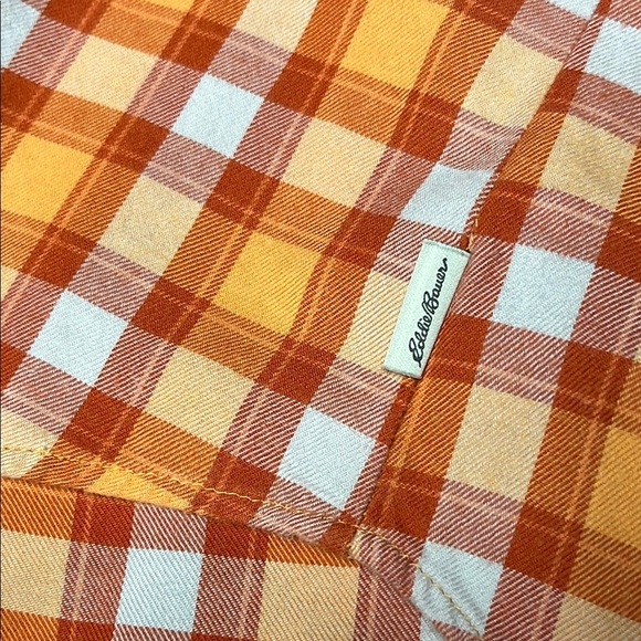 Eddie Bauer Orange white Plaid Button Up Cap Sleeve Blouse Top - Picture 7 of 8